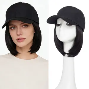 Hat Wig for Women Short Straight Baseball Cap Wigs with Hair Extensions Synthetic Adjustable Black Baseball Hat Wigs