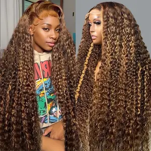 Highlight Ombre Lace Front Wig Human Hair Pre Plucked 13x6 HD Honey Blonde 4/27 Deep Wave Lace Frontal Wigs 180% Density Glueless Colored Wigs for Women Wet and Wavy Lace Front 28 Inch