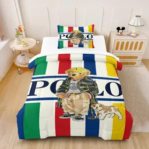Preppy Style Bear Comforter Set (2/3-Piece, 1 Comforter + 1-2 Pillowcases, No Pillow Inserts), Colorful Striped Bear & Puppy Print, Soft Microfiber All-Season Bedding, Ideal for Kids & Teens, Bedding Sets
