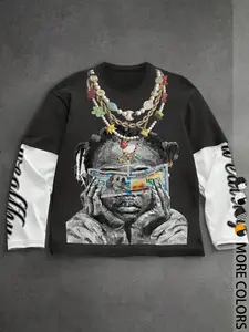 Unisex Round Neck Long Sleeve T-Shirt, Jewelry Necklace Print Design, Casual Fashion Streetwear, Comfortable High Quality Top