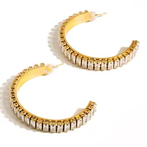 Glamora 18K Gold Non-Tarnish Large Rhinestone C-Hoop Earring Hypoallergenic & Lead-Free Cubic Zirconia Dazzling Look 1.5 Inch Diameter