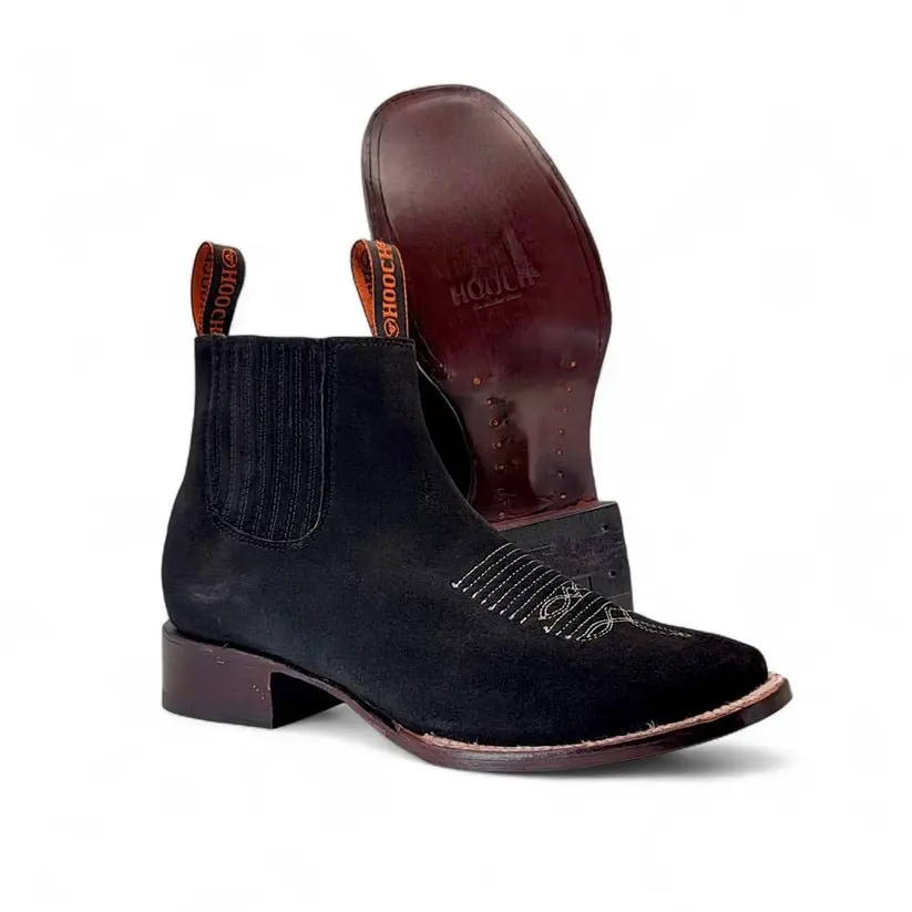 Women's Cowboy Boot with Square Toe in Black Nubuck Leather, Wide Fit – Hooch Boots H22P8205