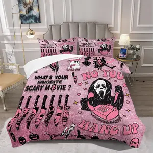 2/3Pcs Pink Glittery Comforter Set, Cute Creepy Scream Ghost Bedding Set, Adorable Spooky Decor for Kids and Teens Bedrooms, Cozy and Fun Quilted Comforter for Scary Movie Lovers1 or 2 Pillowcase No Pillow Core