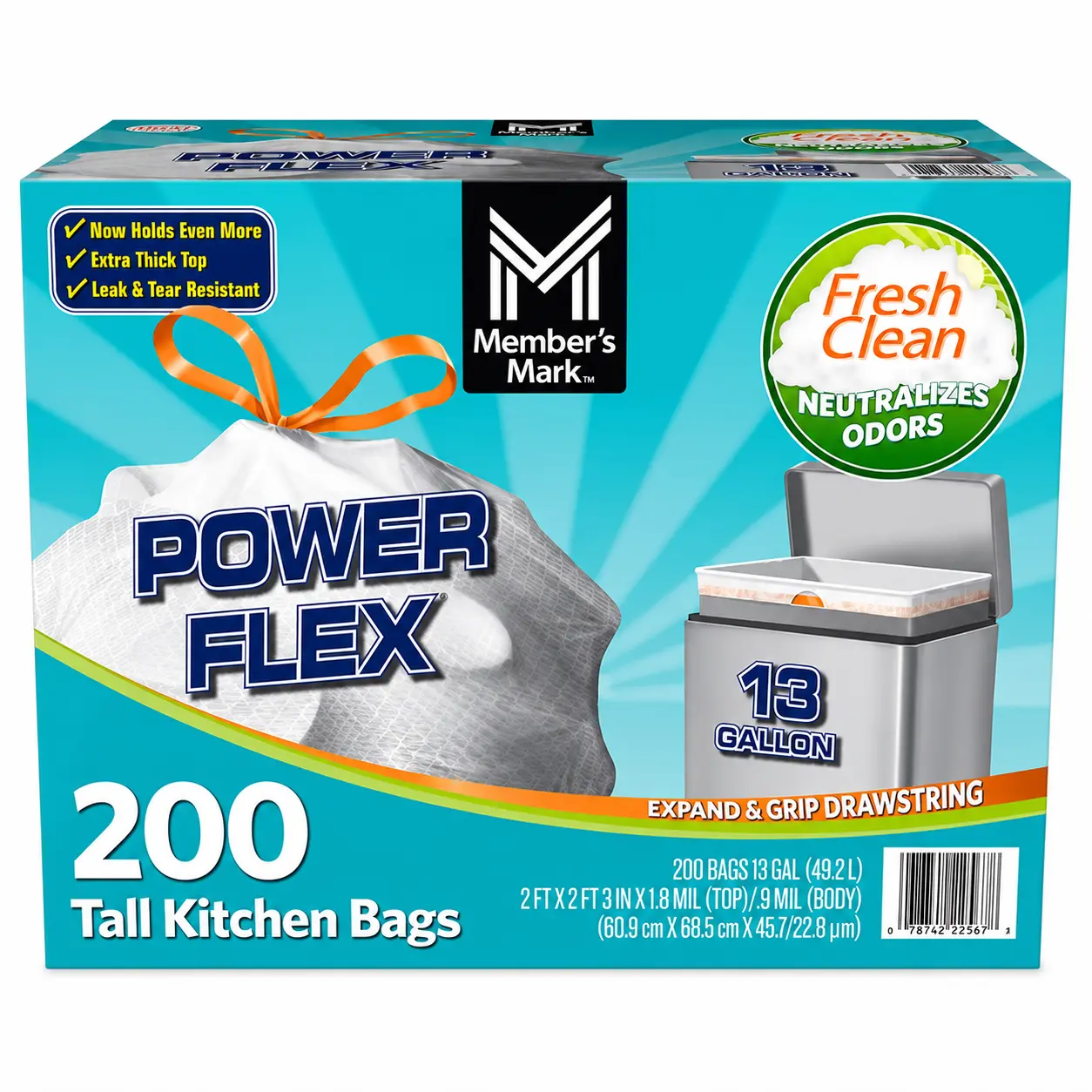 Member's Mark Power Flex 13-Gallon Tall Kitchen Trash Bags, Fresh Scent, 200 ct.