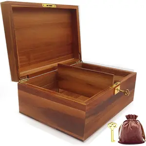 Wood Box Large Decorative Wooden Storage Box with Hinged Lid and Locking Key   Keepsake Chest Box Memory Gift Wooden Boxes 11 X 8.5 X 5 Inches