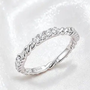 Luxury S925 Sterling Silver Half Eternity Ring for Women, Romantic Sparkling Round Cut Moissanite Twisted Rope Band, Minimalist Stackable Couple Promise Wedding Band