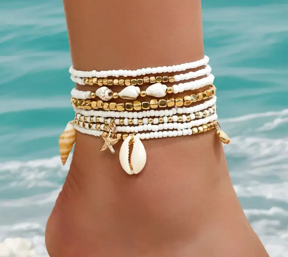 Women's Nautical Boho Anklet Set - 1 Set Fashion Accessories, Trendy Fashionable Accessories with Imitation Pearl, Shell, Star, Starfish, Butterfly Pendants, CCB Beads Foot Jewelry, Wearable Jewelry for Women (Nautical Theme, Sea-Inspired)