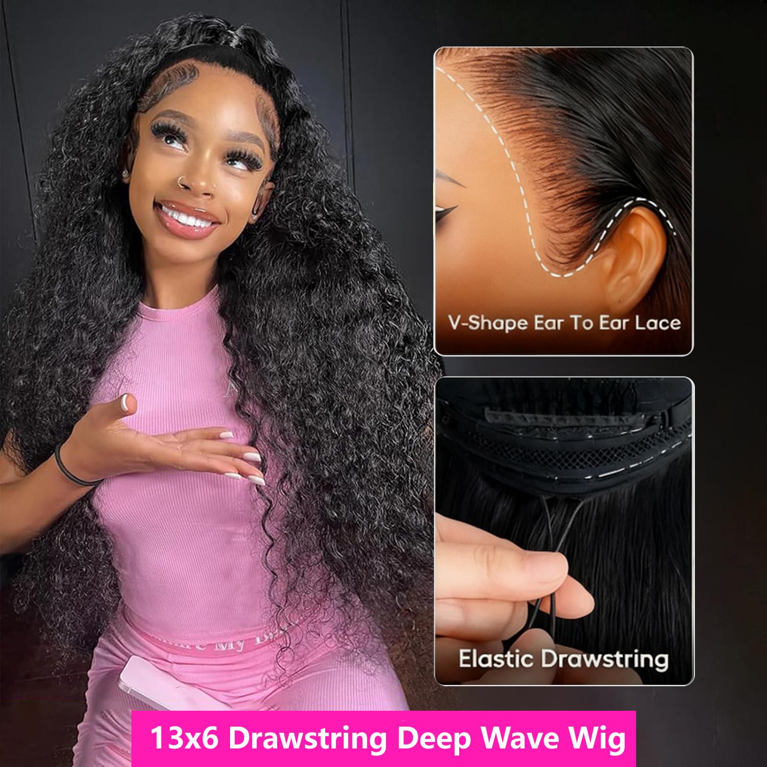 【Bye Bye Slip】 Bling Hair Deep Wave Wig V Part Human Hair Wigs with Drawstring Ready To Wear Invisible Knots Wig for Beginners Friendly All Day Secure