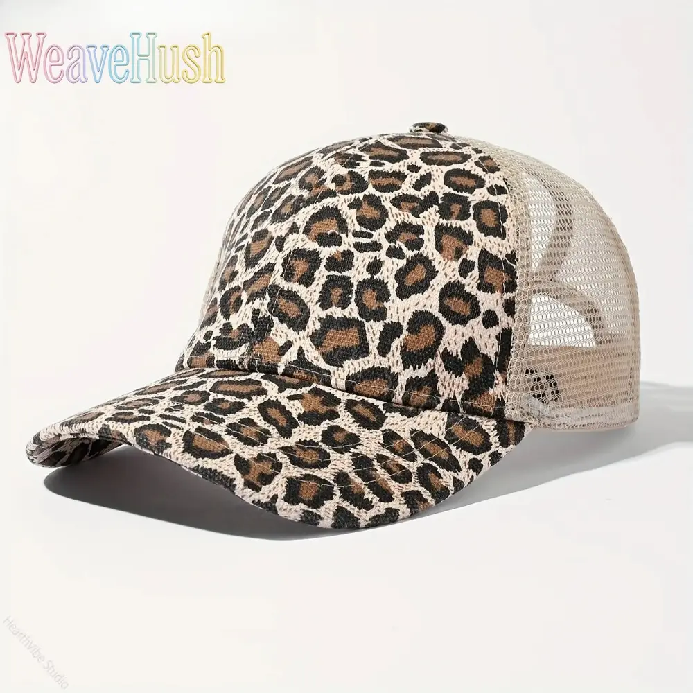 Women's Leopard Print Ponytail Hole Baseball Cap, Trendy Messy Bun Sun Protection Adjustable Hat for Women, Ideal for Streetwear & Outdoor Leisure, Hats For Women,summerwins