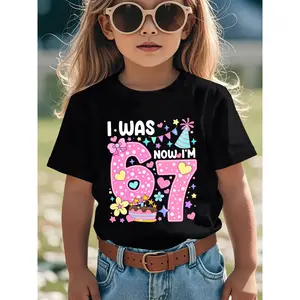 [7th Birthday T-Shirt] Girls' "I Was 6, Now I'm 7" 7th Birthday T-Shirt - Age 7 Outfit with Number Print, Casual Round Neck Summer Top Suitable for 7-Year- Girls' & Casual Attire NY-DX7699