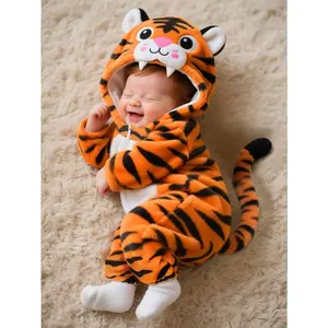 An Newborn Tiger Costume, Cute Tiger Plush 3D Embroidery Hat, Long Sleeve Jumpsuit With Tail, Infant Winter Outfit