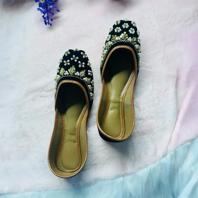 Handmade Velvet Punjabi Juttis - Black & Gold Pearl Embellished Mojaris | Traditional Indian Wedding & Party Wear Flats