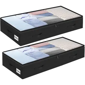 2 Pack 100L Bed Containers, Low Closet Organizers and Bins for Dorm, Foldable Underbed Bag for Clothes, Blanket, Sheet, Wrapping Paper, Clear Window & Dual Zippers, Black
