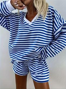 two-piece set women's striped print top & elastic waist shorts loungewear, casual v neck long sleeve top & shorts pj set, ladies sleepwear for spring, pajama sets, womenswear, homewear