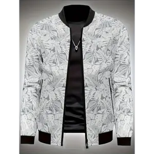 Stylish Men's Bomber Jacket - Printed Casual Sports Coat with Multiple Pockets, Regular Fit, Long Sleeve, Polyester Collar Tops Menswear