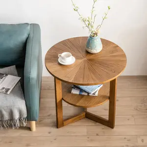 Natural Solid Wood Round Side Table  2 Shelf Nightstand & Couch End Table  Sturdy Anti-Tip Accent Table for Small Spaces, Living Room, Bedroom, Office & Entryway  Farmhouse Boho Style