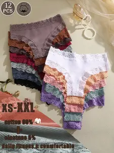 MAB 12PCS Women's Multi-Color 95% Cotton Ribbed Lace Trim Comfortable Breathable Low-Rise Sexy Briefs Plus Size Underwear