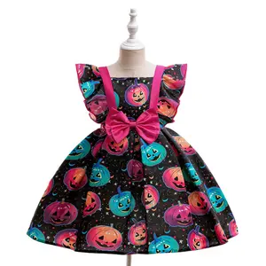 Kids Clothes Bow 056 Hot Pink Halloween Dress Children Cosplay Costume Fancy Carnival Pumpkin Witch Vampire Print Party Holiday Princess Frock 3-8Y
