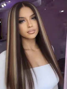 Brown 7x5 Wig Highlight Blonde Glueless Lace Front Wig Pre Plucked 5 Inch Deep Part Glueless Long Bone Straight Ombre Mixed Brown Synthetic Lace Front Wigs For Women 28 Inches Wear&Go