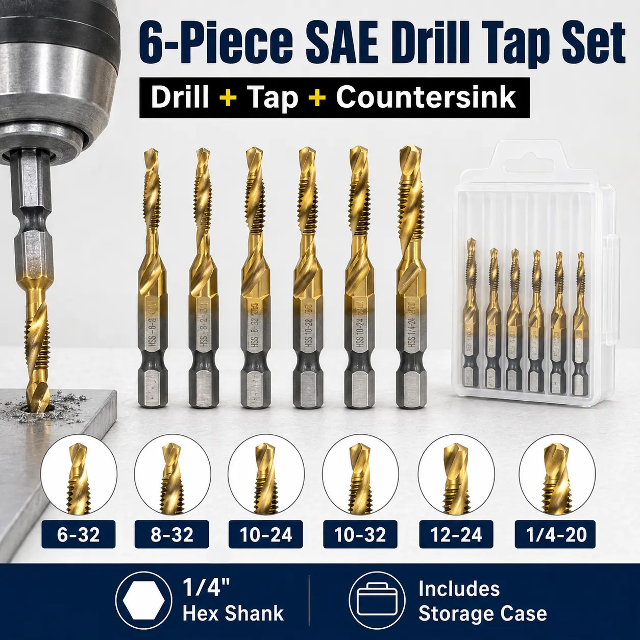 6pcs SAE 3-in-1 Drill and Tap Countersink Bits Set, HSS Titanium Coated 1/4" Hex Shank Tap Drill Bits for Wood, Plastic, Aluminum DIY Projects fathersdaygift Metal Bits