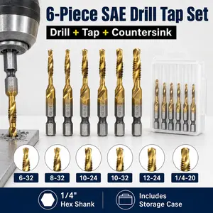 6pcs SAE 3-in-1 Drill and Tap Countersink Bits Set, HSS Titanium Coated 1/4" Hex Shank Tap Drill Bits for Wood, Plastic, Aluminum DIY Projects fathersdaygift