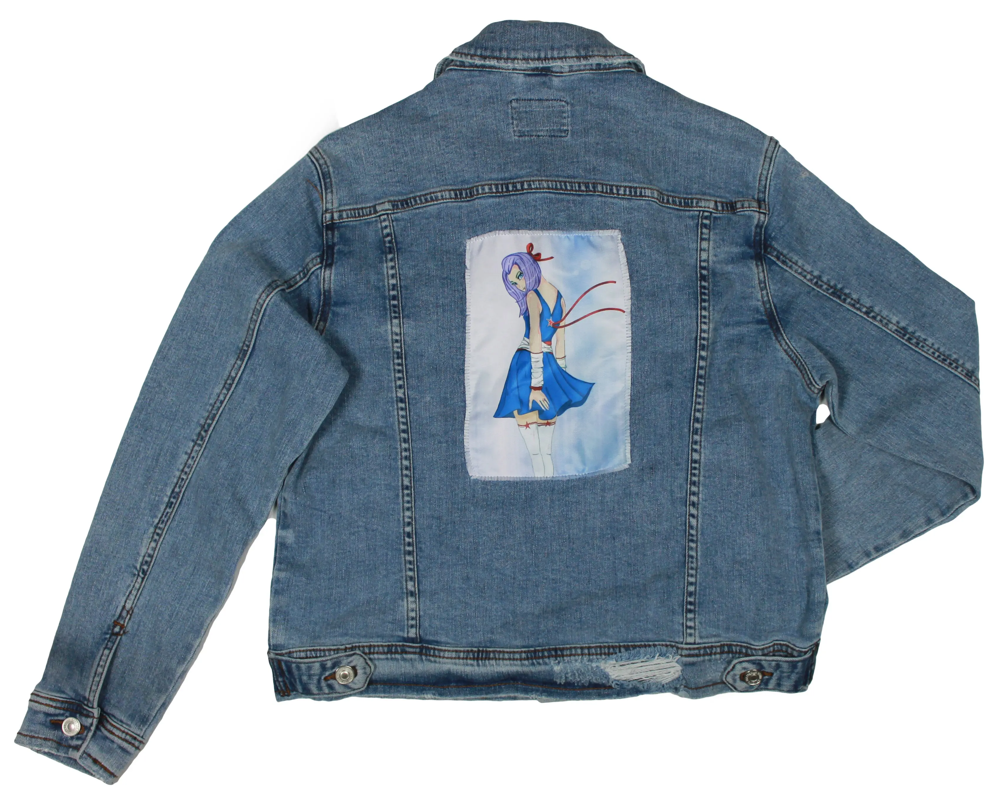 RIPPED RAGS Women's Distressed Denim Jacket, Classic Fit Cotton Spandex Coat with Dye Sublimated Patriotic Anime Frayed Back Patch, Coats, Fashion Apparel, Dye Sublimated Patches Will Never Fade, Anime Patch