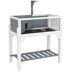 PawHut Tortoise Habitat with Storage Shelf, Wooden Tortoise Enclosure with Clear Windows, Lamp Holder, Openable Top, Built-in Tray, Reptile Cage for Indoor Outdoor Use, Gray