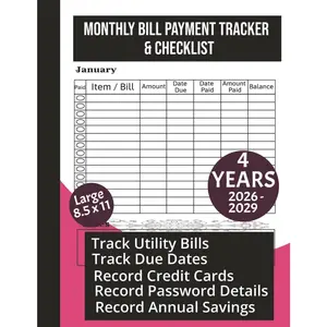 Monthly Bill Payment : 8.5" x 11", Easy to Use 4-Year Record Log Book for  Household Expenses, Due Dates & Payments Checklist, including Password keeper - Paperback