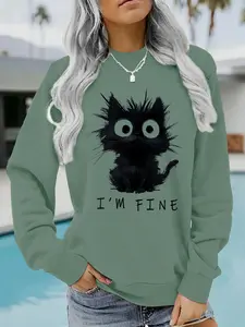Women's Casual Loose Everyday I'm Fine Cat Pattern Pullover Sweatshirt, Soft Long Sleeve Round Neck, All-Season Comfort