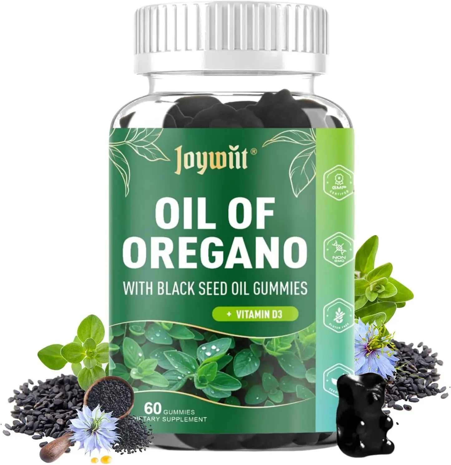 Joywiit Oregano Oil Gummies 300mg with 200mg Black Seed Oil + D3 1000IU | Organic Oil of Oregano Chewable Supplements | Carvacrol + Thymoquinone | Vegan, Non GMO | Immune & Gut Support | 60 Cts