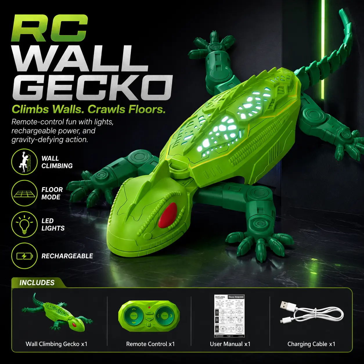 Remote Control Wall-Climbing Gecko Cat Toy, Wall-Crawling Gecko Teaser Toy for Cats, Type-C Rechargeable, With Light-Up Function, Dual Modes for Floor Driving and Wall Climbing, Interactive Cat Play Toy, Suitable for Low-Energy Cats