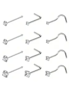 4pcs 1.5-3mm Cz Rhodium Plated Nose Studs, Plain Design, Stainless Steel Material, All Season Wear, Casual Style
