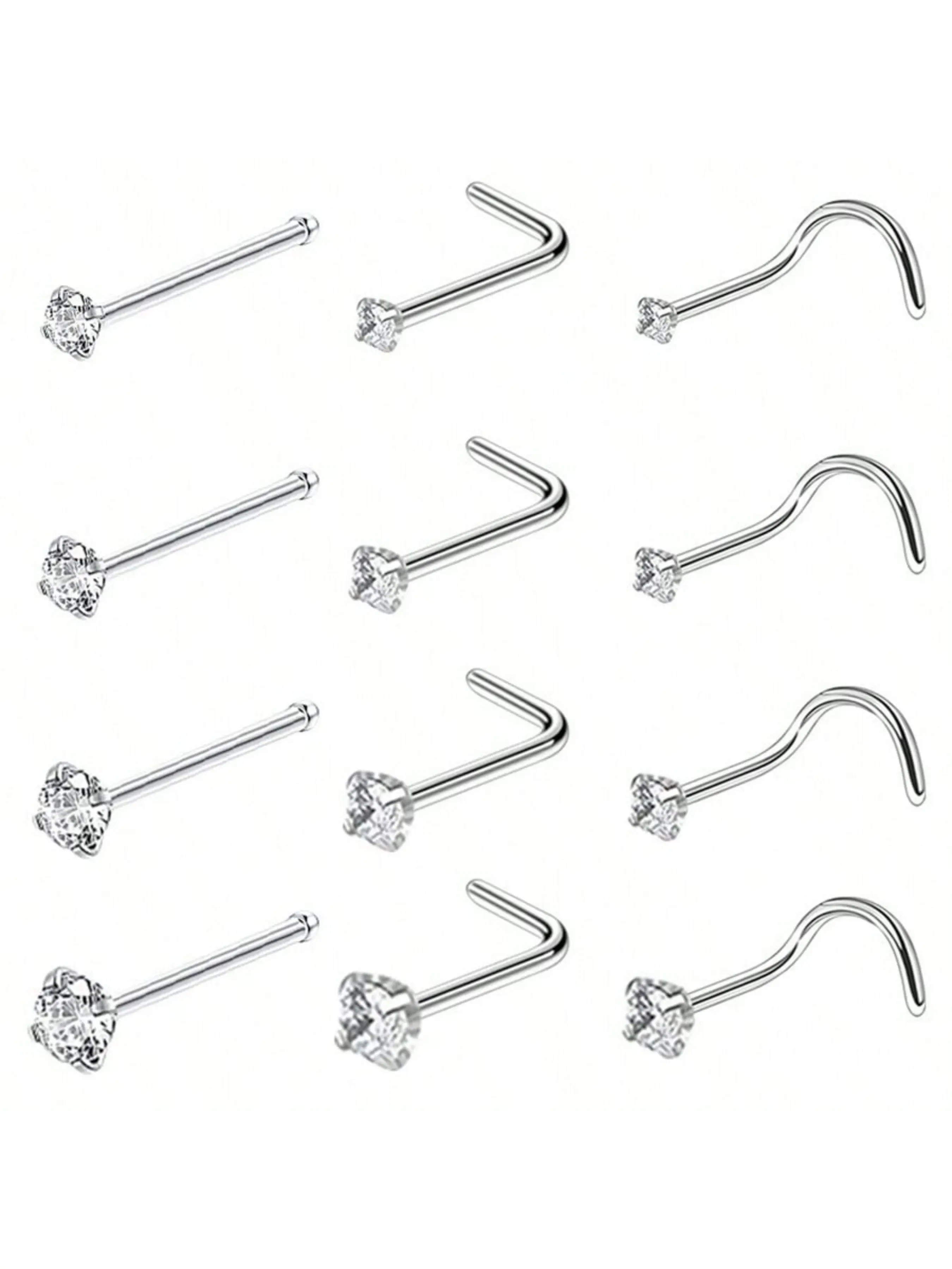 4pcs 1.5-3mm Cz Rhodium Plated Nose Studs, Plain Design, Stainless Steel Material, All Season Wear, Casual Style