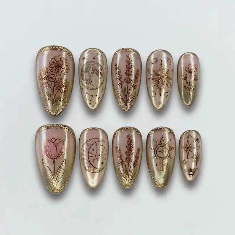 Handmade Gold Celestial Floral Press On Nails Moon Star Zodiac And Botanical Art Luxury Aura Nails