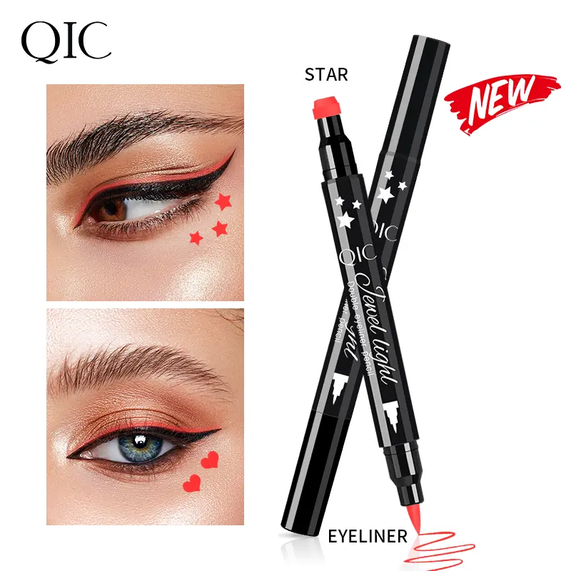 QIC Double Head Pattern Stamp Eyeliner Brush Pen - #1 Pentagram, #3 Moon Type, Hydrophobic Ink, 24H Long-Lasting, Smudge-Proof, High Pigment, Quick-Drying, Smooth, Easy to Apply Cosmetic (Single Item)
