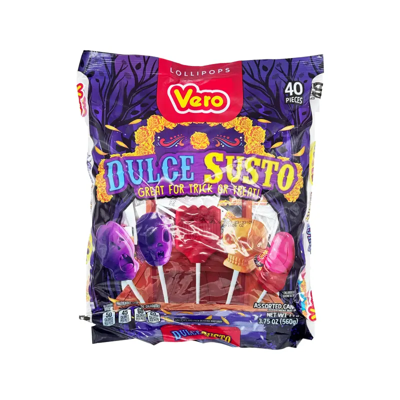 Vero Dulce Susto - 40-Count Halloween & Día de los Muertos Lollipop Mix - Sweet Fruity & Minty Flavors - Spooky Designs - Perfect for Trick-or-Treating & Party Favors
