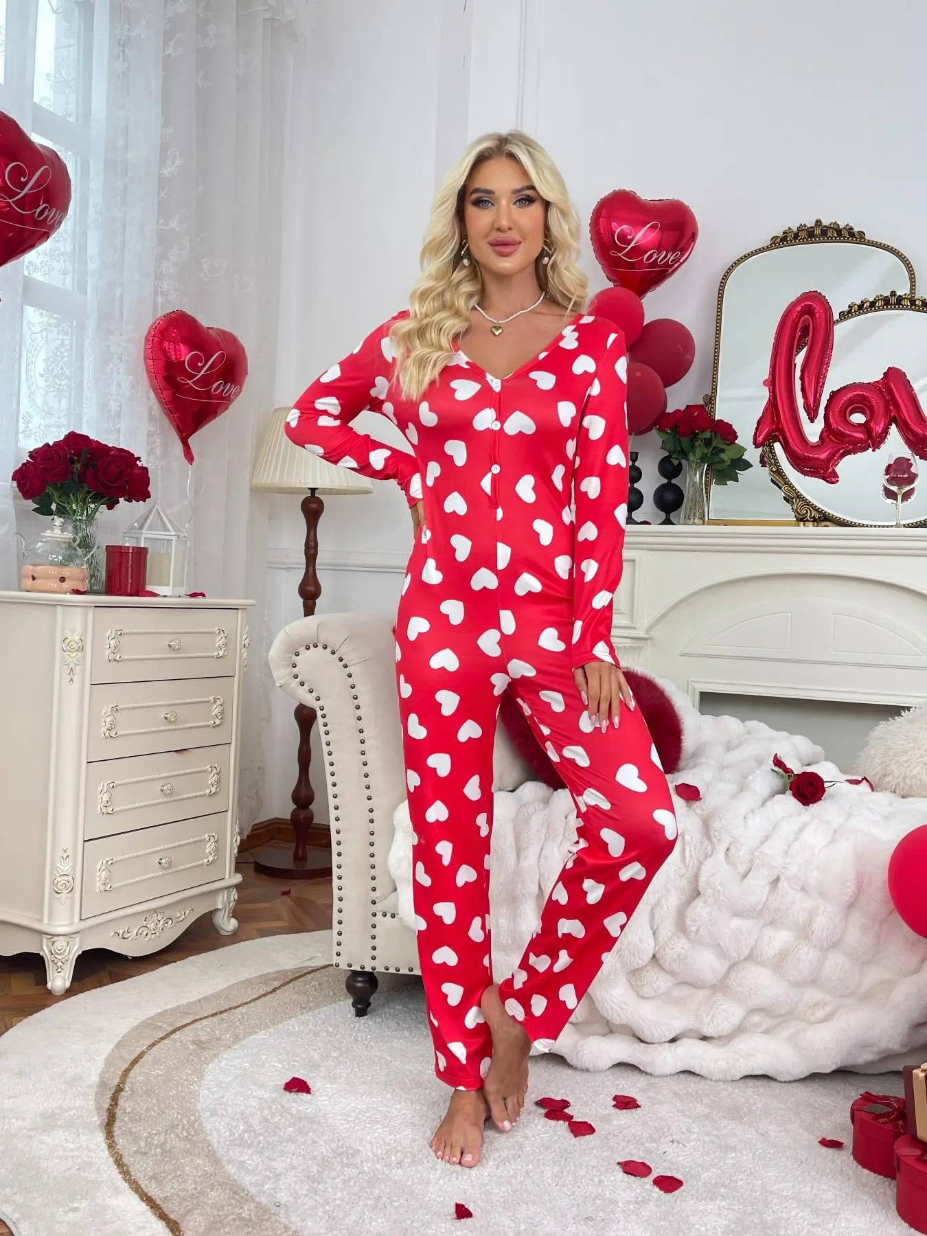 Women's Christmas Themed Print Button Front Lounge Jumpsuit, Casual Comfy Long Sleeve V Neck Jumpsuit, Ladies Sleepwear for Fall & Winter Valentine's