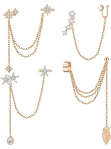 4 Pcs for Women Men Cuff Earrings Chain Leaf Ear Stud Snowflake Flower Ear Cuffs with CZ Inlay Crawler Earring Studs Dangling Chain Earrings Comfort Fit Smooth Surface Easy to Wear Secure Fit