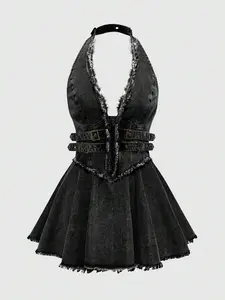 ROMWE Grunge Punk Back To School  Y2K Distressed Washed Color Cold Shoulder Halter Ruffle Hem Denim Mini Dress, Black Black Denim Dress