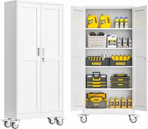 Metal Garage Storage Cabinet with Lock, Steel Tool Cabinet with 2 Doors and 5 Adjustable Shelves, 71” Tall Lockable File Cabinet with Wheels, Organization for Home Office Garage Gym