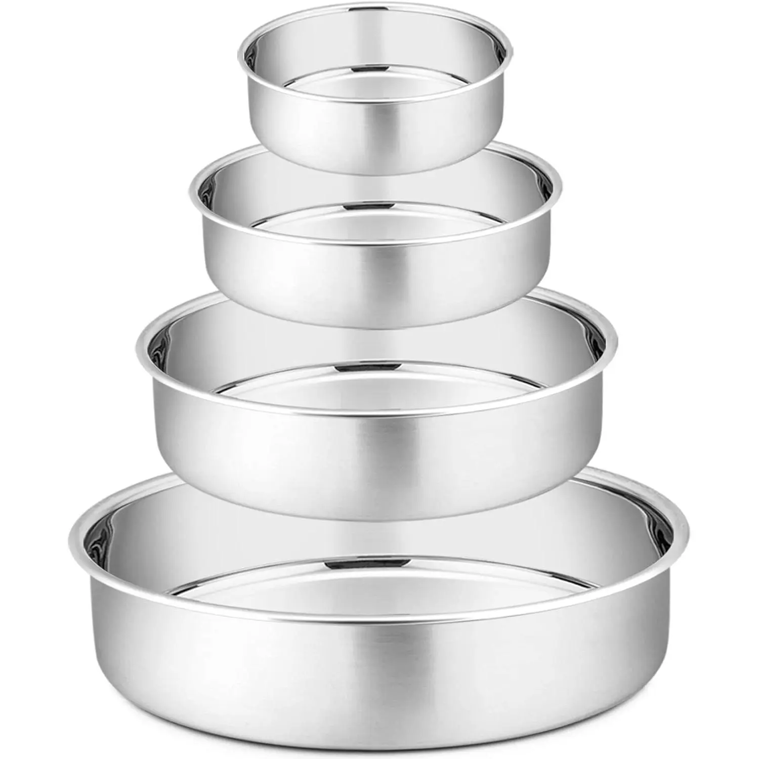 Stainless Steel Round Cake Pans 4-Piece Set - 4in, 6in, 8in, 9.5 in Sizes, Leak-Proof, Smooth Edge, Oven-Pot-Dishwasher Safe, Easy to Clean for Housewarming, All Seasons Gifting to Friends, Mirror Polish