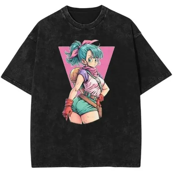Bulma Graphic T-Shirt S-4XL-5XL, DBZ Anime Shirt Retro Washed Cotton T-Shirt, 90s Anime Cosplay Shirt, Manga Japanese Shirt, Unisex Streetwear Tee Vintage Washed Short Sleeve T-shirt Gift for Anime Lovers Tshirt