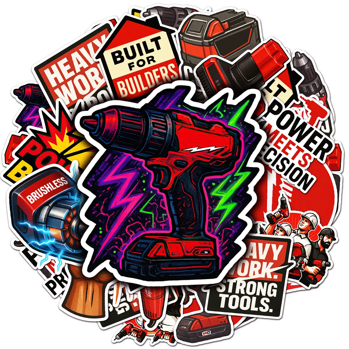 Red Power Tool Stickers Set — 20pcs Waterproof Vinyl Industrial and Mechanic Decals with Workshop Aesthetic for Laptop, Toolbox, Water Bottle, and Journal, Gift for Construction Lovers