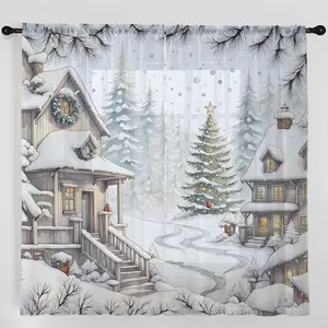 2-Piece set, Christmas tree print curtains in snow, translucent pole pocket design, perfect for Christmas, suitable for kitchen, cafe, living room, dining room, balcony, garden and bedroom home decoration, Window Curtain