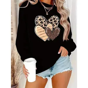 Women's Casual Long Sleeve Pullover Sweatshirt with Cartoon Heart and Letter Print, Round Neck, Elegant Style - Polyester, Knit Fabric, Stretchy - All-Season, Adult Fit - Perfect for Everyday Wear & Loungewear - Ideal Gift for Women