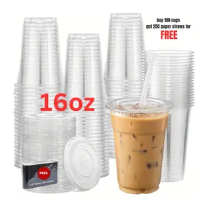 Unicup [100 Sets 16oz] Clear Plastic Cups with lids  Plus 250ct Paper Straws for FREE