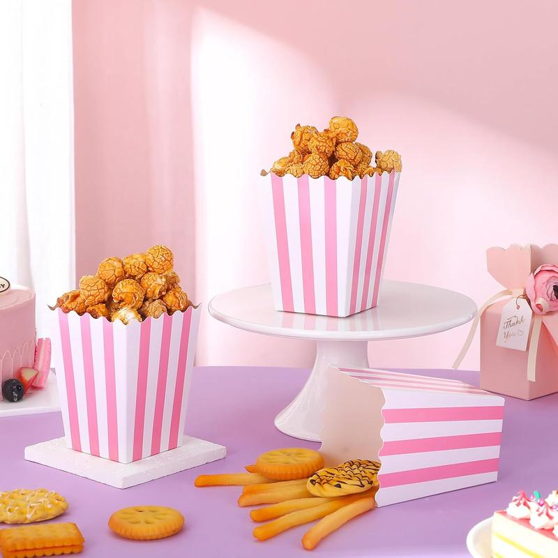 Pink and White Striped 48pcs Paper Popcorn Boxes - Pastel Candy Cardboard Buckets for Theater Carnival Birthday Party Favor Bags Disposable Traditional