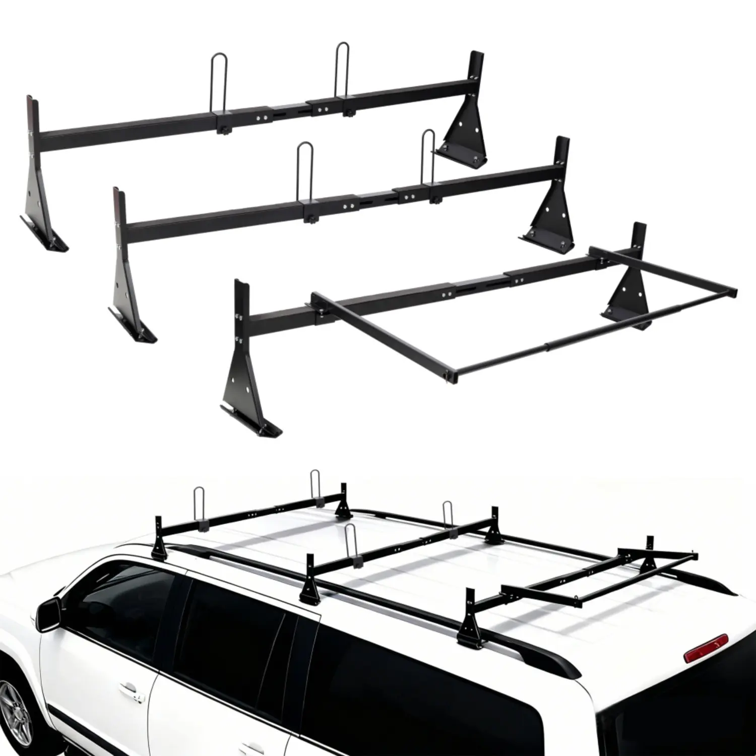 Ladder Roof Racks with Rear Roller, 3 Bars,800 lbs Capacity Heavy-Duty Steel Roof Racks for Van,for Vans with Rain Gutter Only