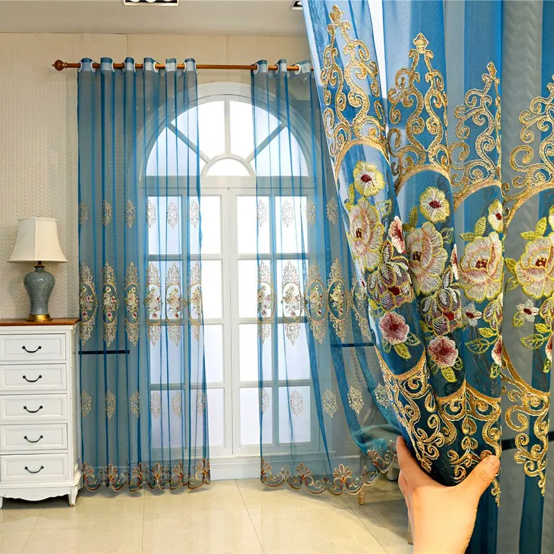 1pc 2026 Baroque Style Royal Blue & Gold Floral Embroidery Sheer Window Drapes Grommet Top Light Filtering For Formal Living Room, Dining Room & Foyer Decor