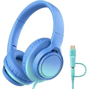 Wired Over-Ear Headphones with Microphone, 3.5mm Jack with USB-C Adapter, Comfortable Headset for Online Learning, School, Tablet, Phone - Gradient Blue & Teal
